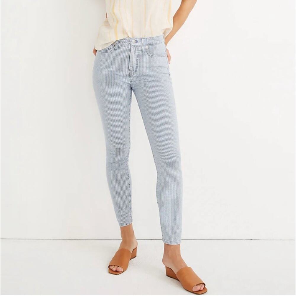 Madewell Jeans Womens 27 Blue White Piper Striped 9" Mid Rise Skinny Railroad - Picture 1 of 12